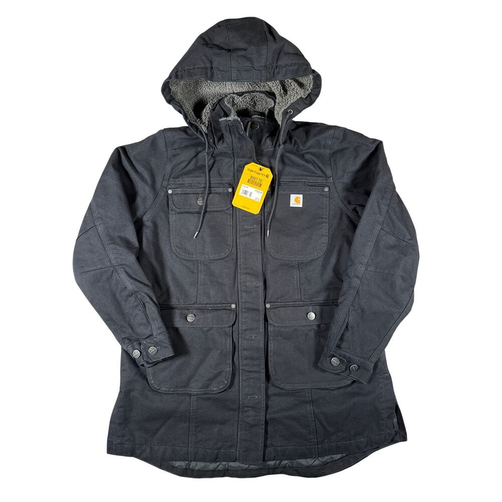 Carhartt Duck Chore Coat Womens Large 12-14 Black Loose Fit 6 Pockets Zipper